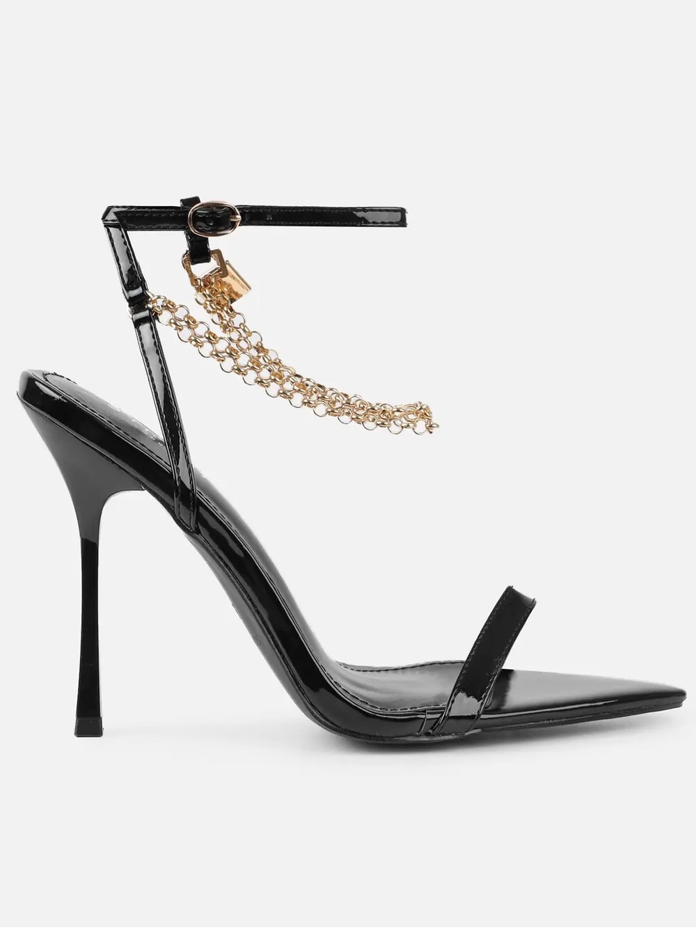SIMMI London 🖤 Black Stiletto Sandal w/Gold Chain Padlock Ankle Detail 👠✨